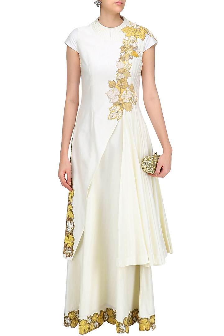 Ivory floral embroidered double layered anarkali kurta available only at Pernia's Pop Up Shop.
