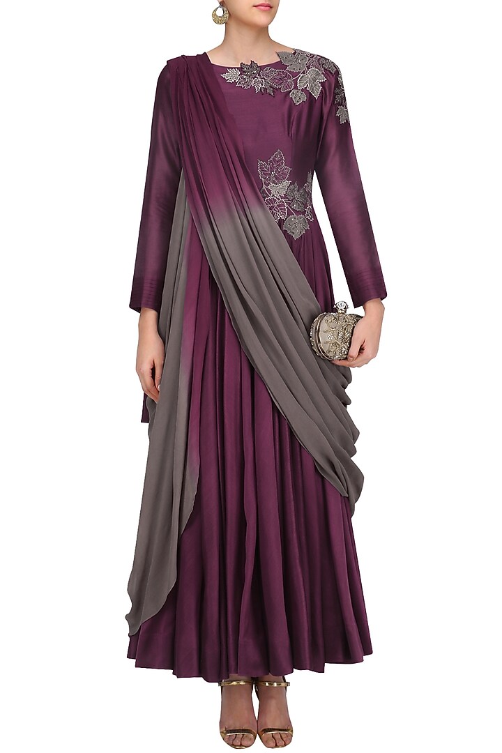 Maroon and gunmetal floral embroidered drape anarkali kurta available only at Pernia's Pop Up Shop.