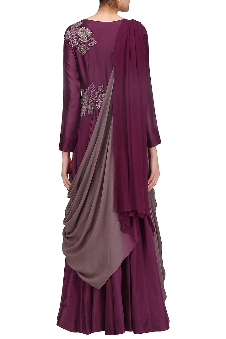 Maroon and gunmetal floral embroidered drape anarkali kurta available only at Pernia's Pop Up Shop.