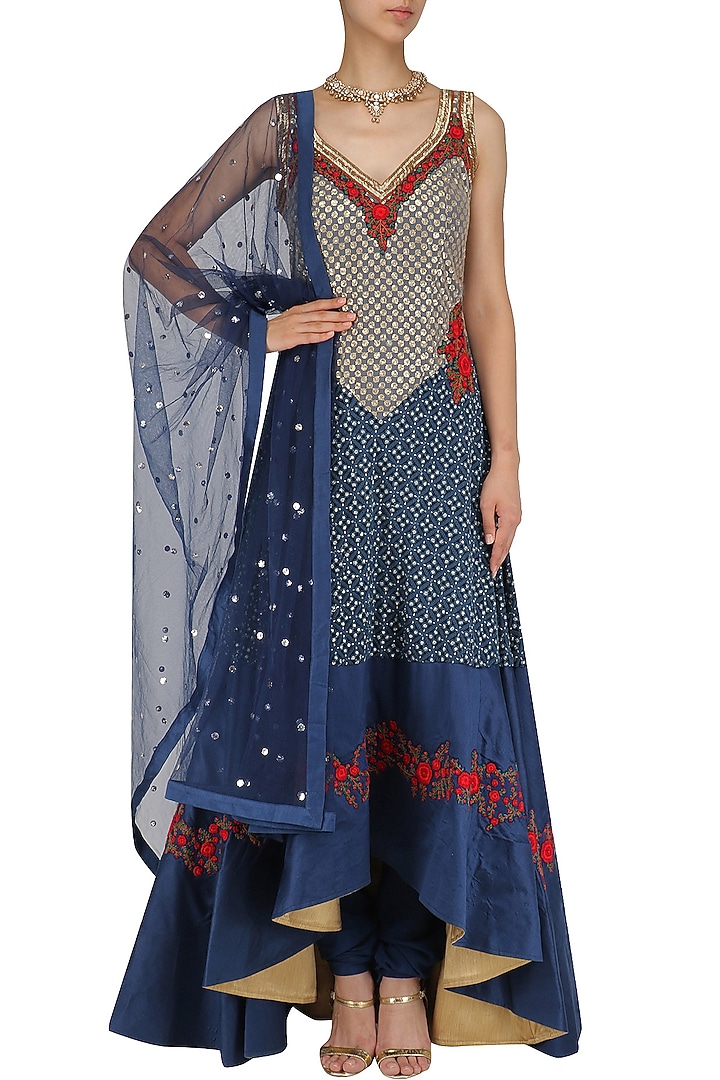 Red sequins and thread work asymmetric anarkali set available only at Pernia's Pop Up Shop.