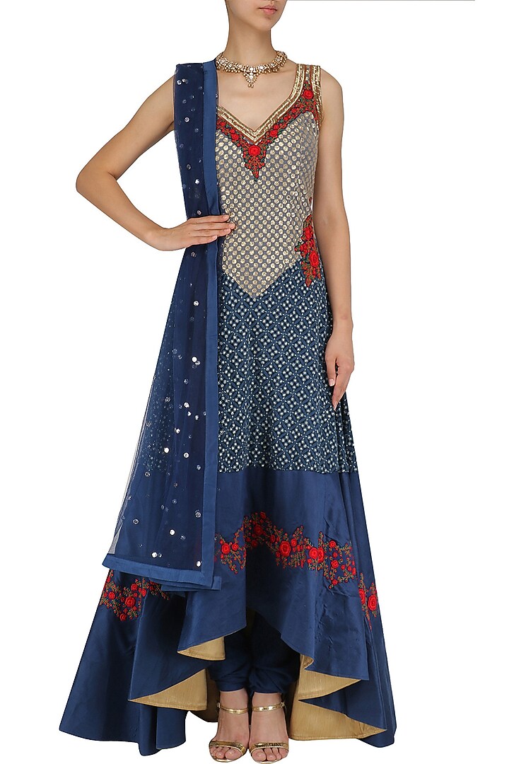 Red sequins and thread work asymmetric anarkali set available only at Pernia's Pop Up Shop.