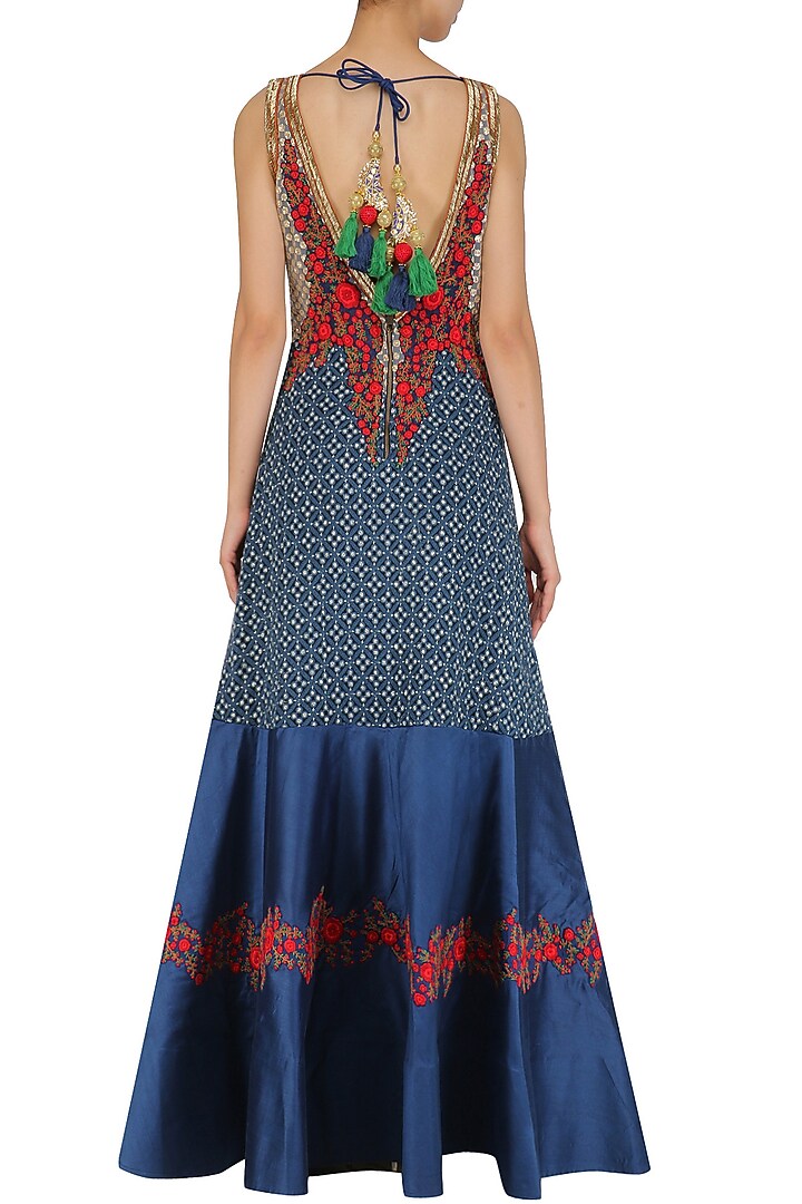 Red sequins and thread work asymmetric anarkali set available only at Pernia's Pop Up Shop.