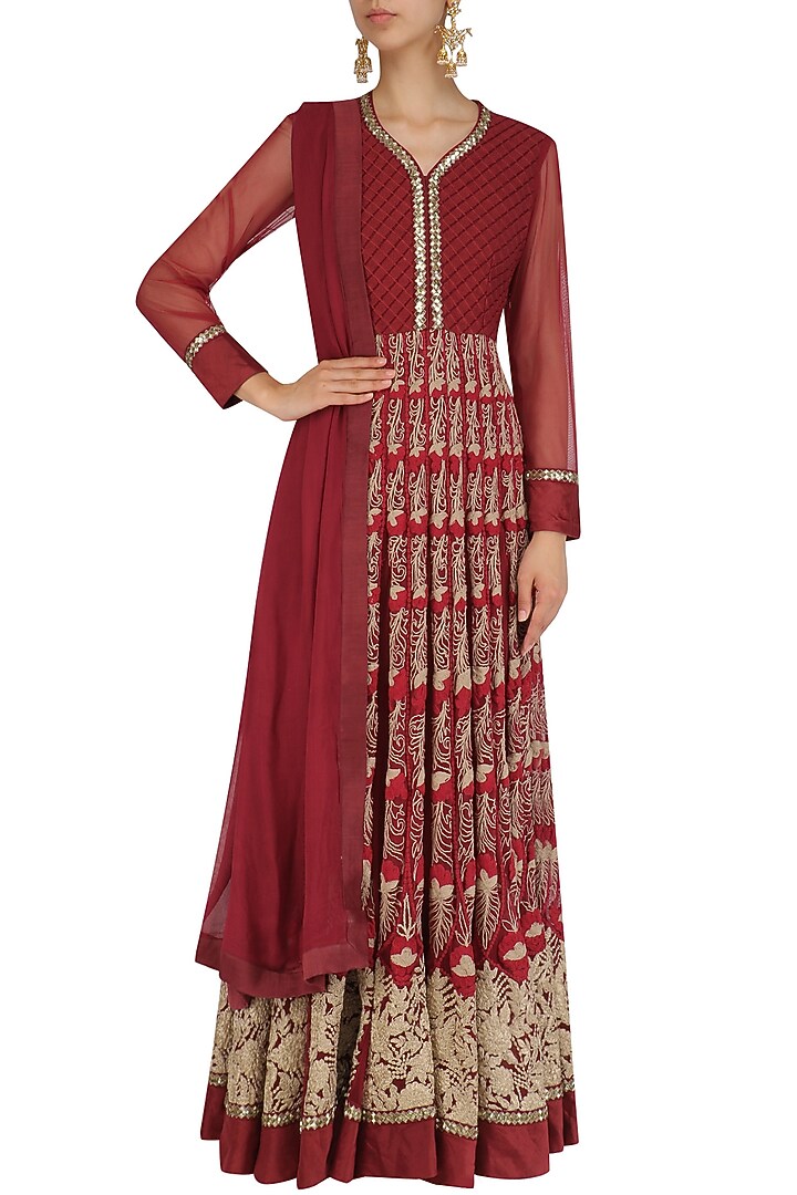 Maroon dori and thread work anarkali set available only at Pernia's Pop Up Shop.