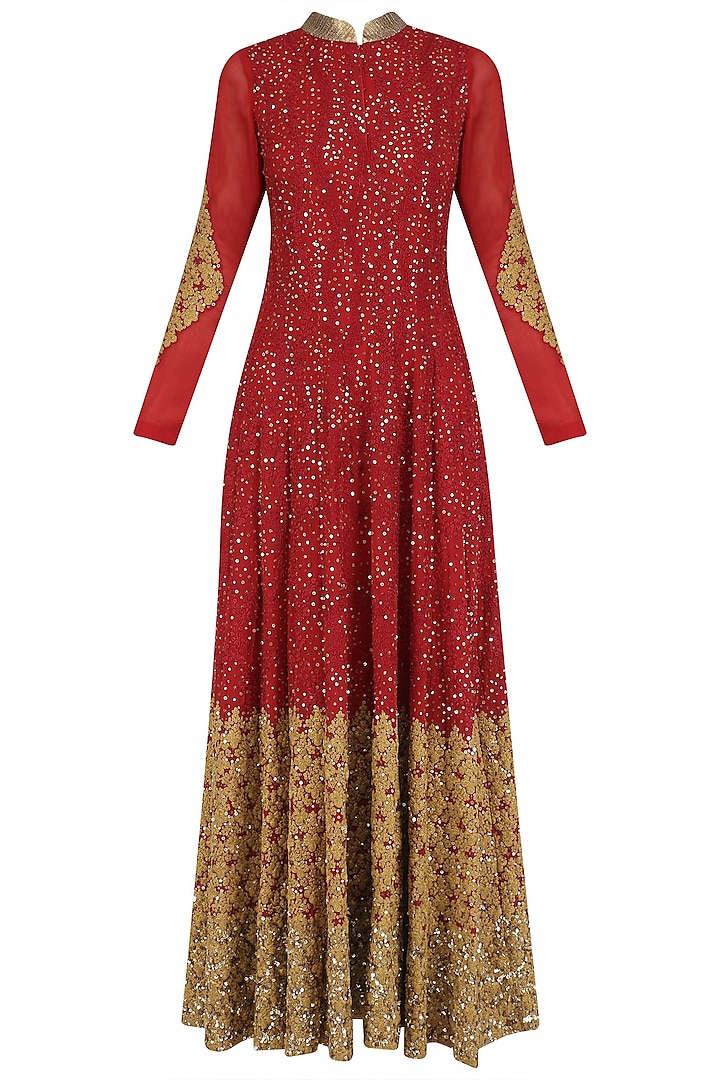 Red and Gold Sequins and Zari Work Anarkali Set by Jyoti Sachdev Iyer