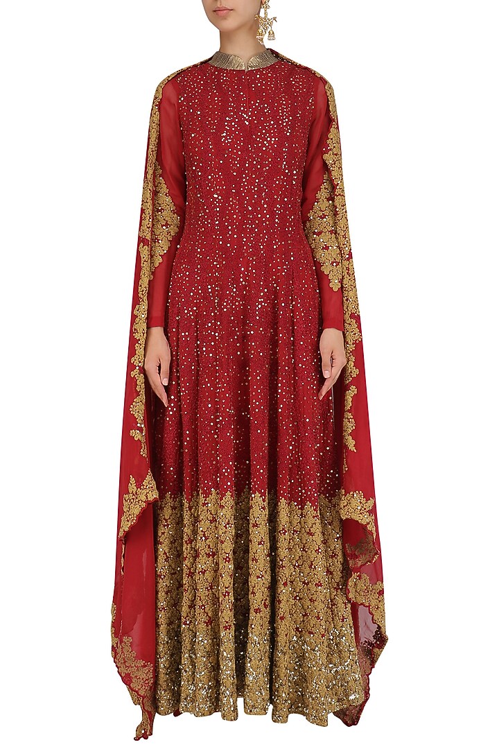 Red and gold sequins and zari work anarkali set available only at Pernia's Pop Up Shop.
