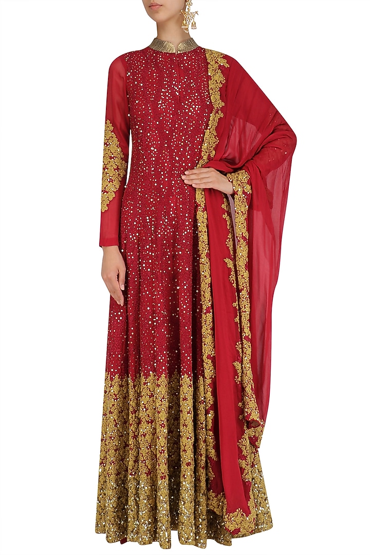 Red and gold sequins and zari work anarkali set available only at Pernia's Pop Up Shop.
