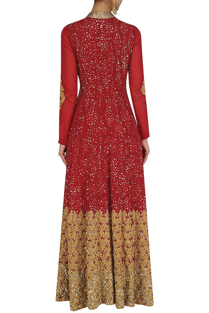 Red and gold sequins and zari work anarkali set available only at Pernia's Pop Up Shop.