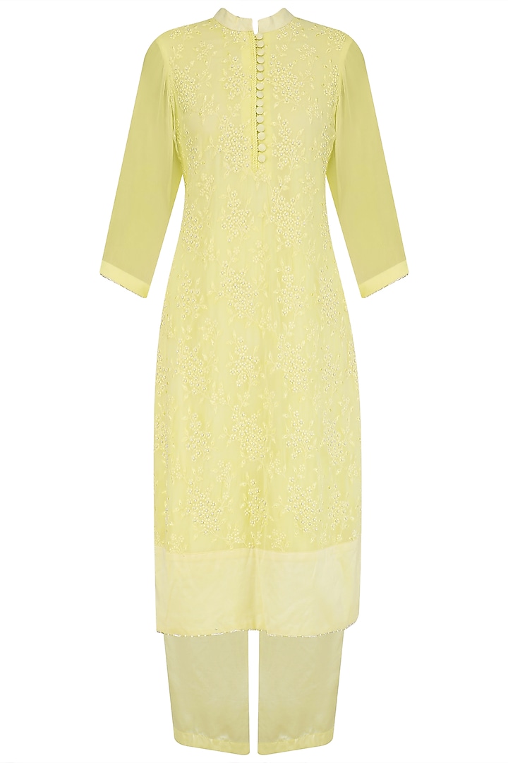 Lemon yellow thread and peral work straight kurta set available only at Pernia's Pop Up Shop.