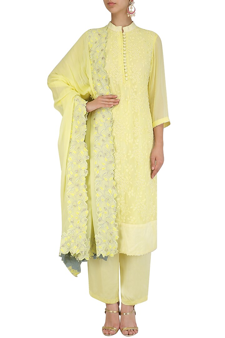 Lemon yellow thread and peral work straight kurta set available only at Pernia's Pop Up Shop.