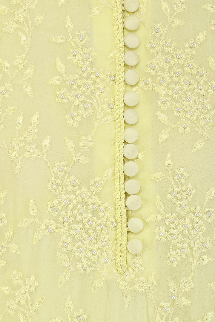 Lemon yellow thread and peral work straight kurta set available only at Pernia's Pop Up Shop.