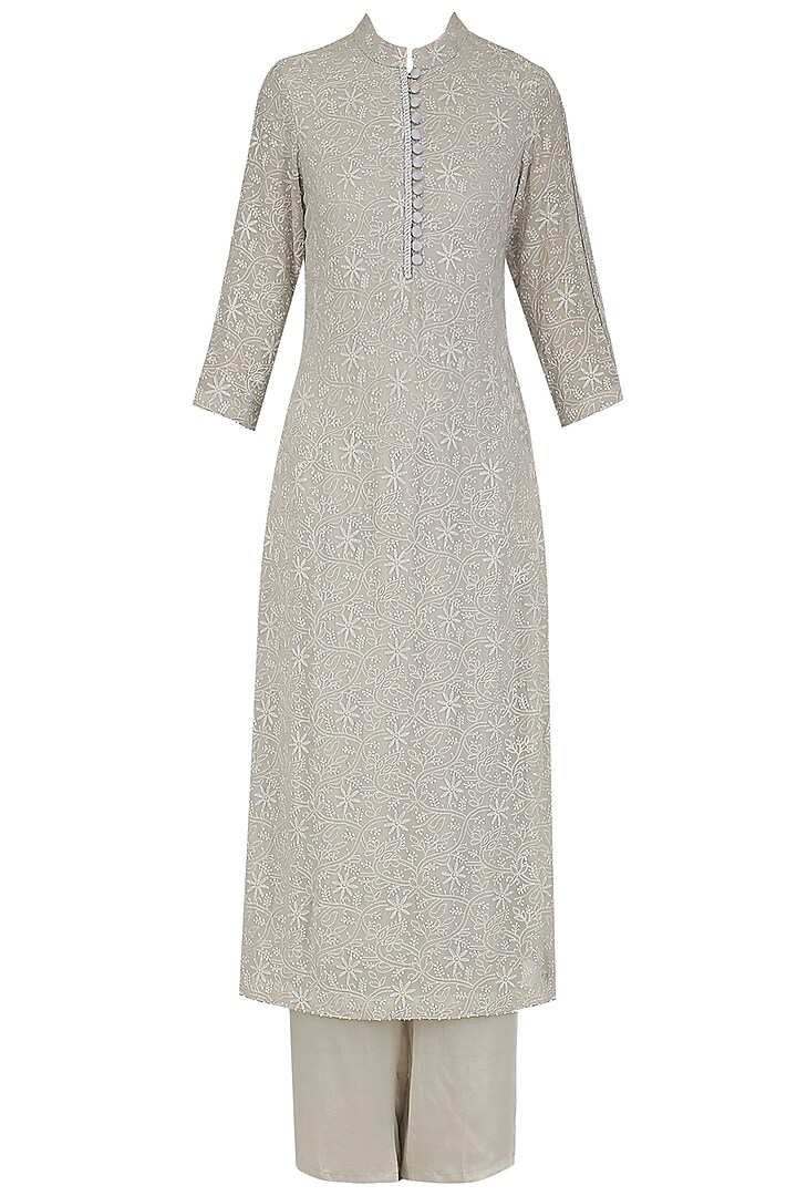 Grey thread and pearl work straight kurta set available only at Pernia's Pop Up Shop.