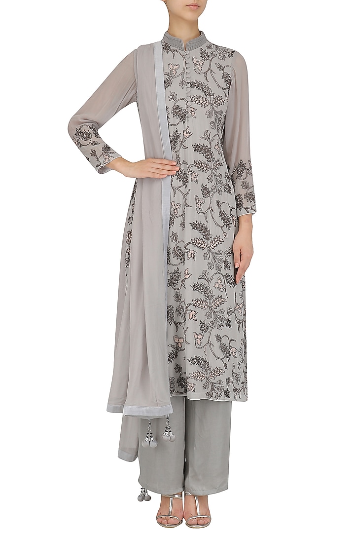 Grey cutdana work straight kurta set available only at Pernia's Pop Up Shop.