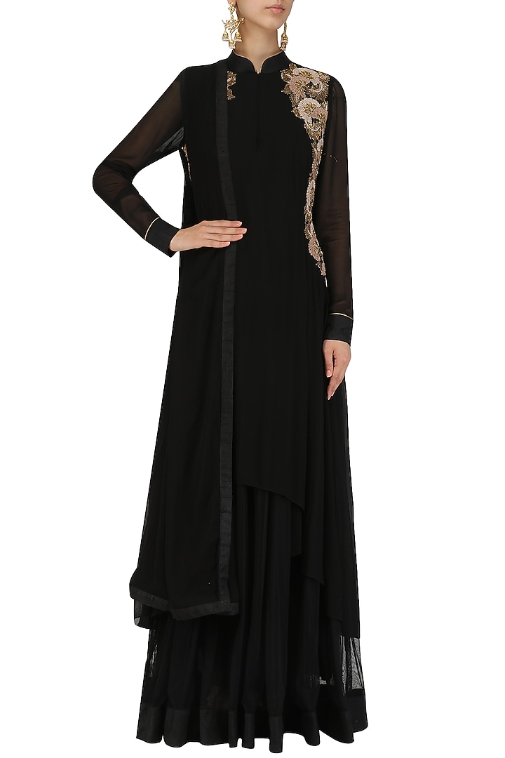 Black zardozi and thread work double layer anarkali set available only at Pernia's Pop Up Shop.