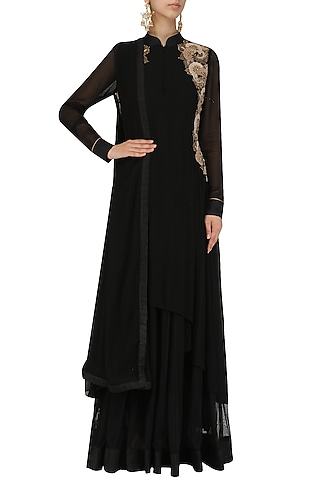 Black Zardozi and Thread Work Double Layer Anarkali Set by Jyoti Sachdev Iyer