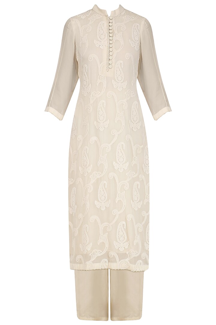 Ivory pearl and thread work straight kurta set available only at Pernia's Pop Up Shop.