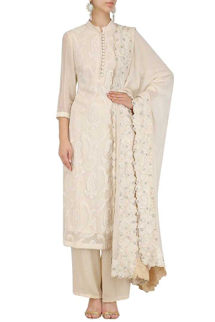 Ivory pearl and thread work straight kurta set available only at Pernia's Pop Up Shop.