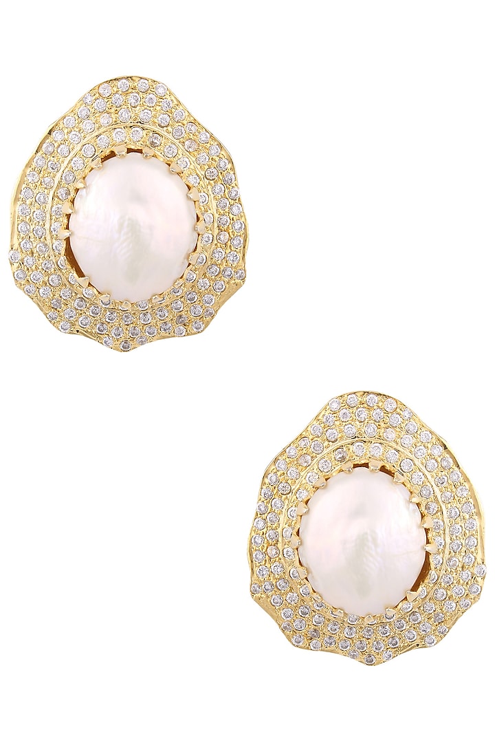 Gold Finish Crystals And Pearl Stud Earrings by Just Shraddha