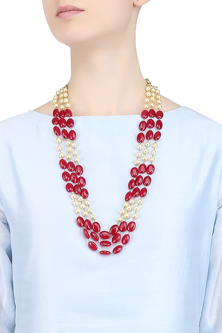 Just Shraddha presents Pearls and ruby stone three strand necklace available only at Pernia's Pop Up Shop.