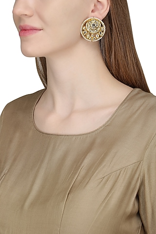 Gold Plated Kundan and Pearls Stud Earrings by Just Shraddha