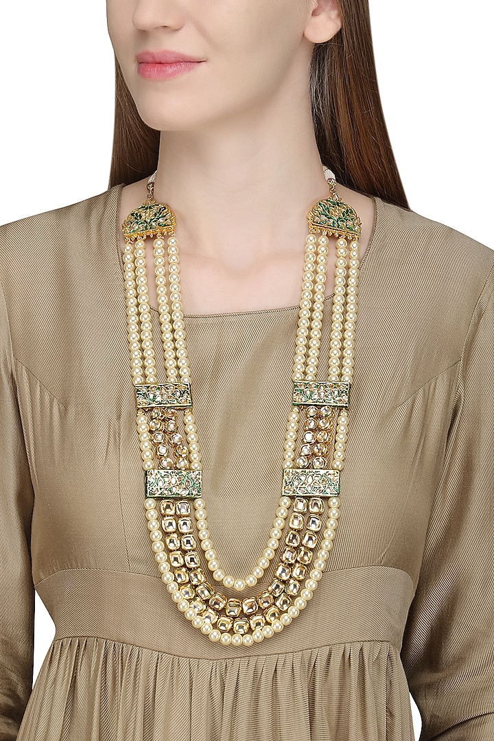 Gold Plated Kundan, Pearls and Enamel Necklace by Just Shraddha