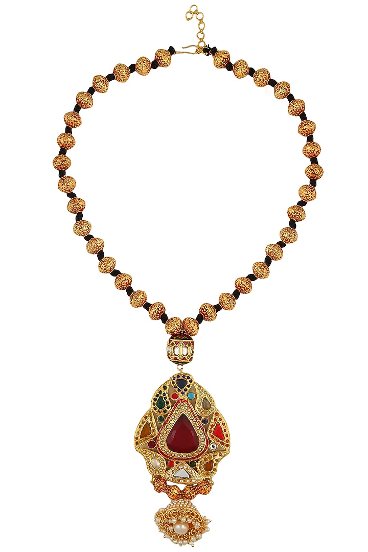 Gold finish single string necklace with navratan pendant available only at Pernia's Pop Up Shop.