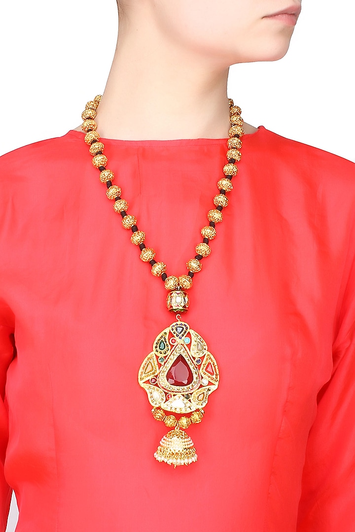 Gold finish single string necklace with navratan pendant by Just Shraddha