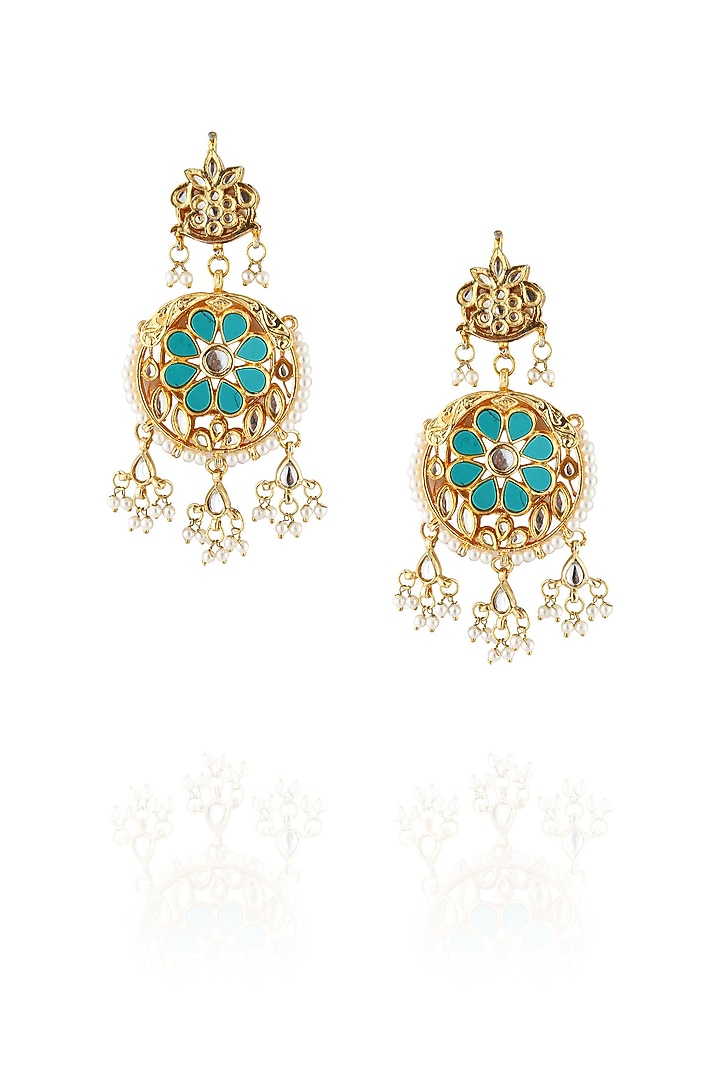 Gold finish turquoise stone chandbaali earrings available only at Pernia's Pop Up Shop.