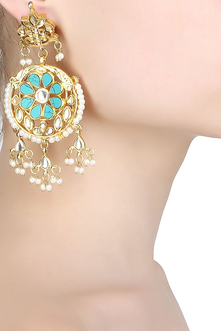 Gold finish turquoise stone chandbaali earrings by Just Shraddha