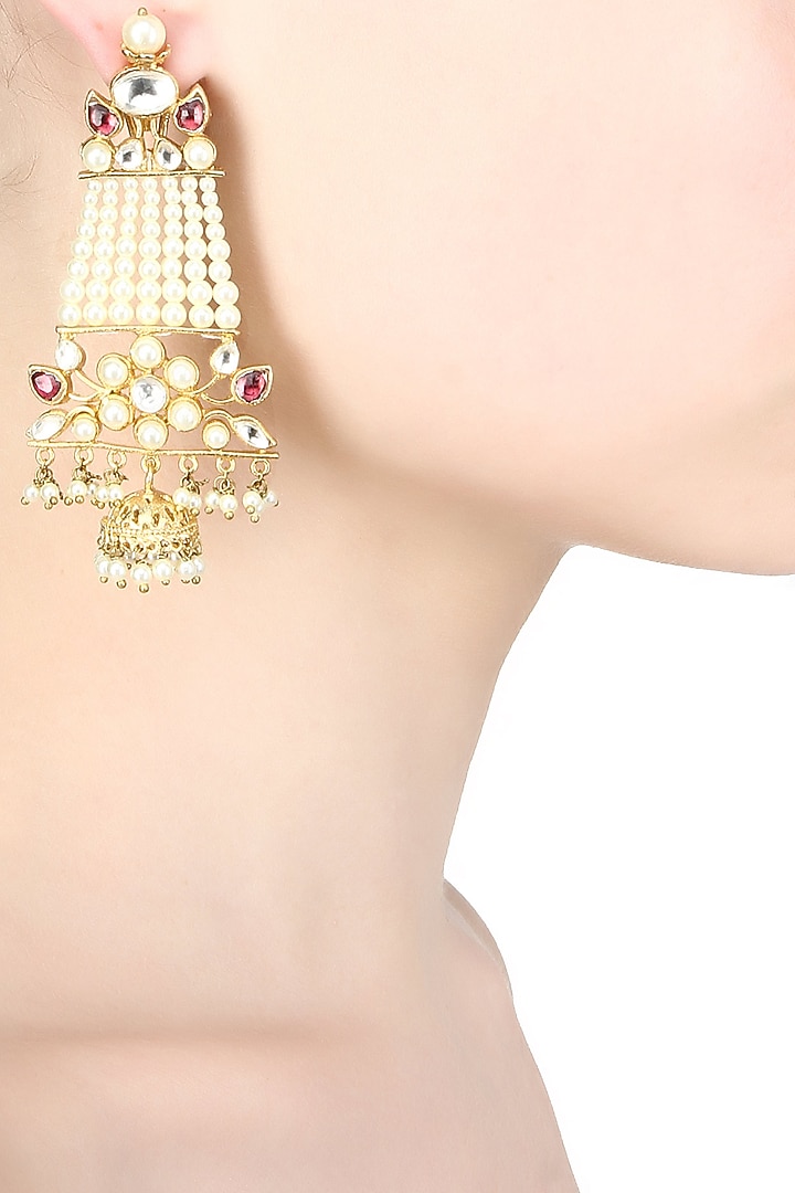22k gold finish 7 liner pearl jhalar earrings available only at Pernia's Pop Up Shop.