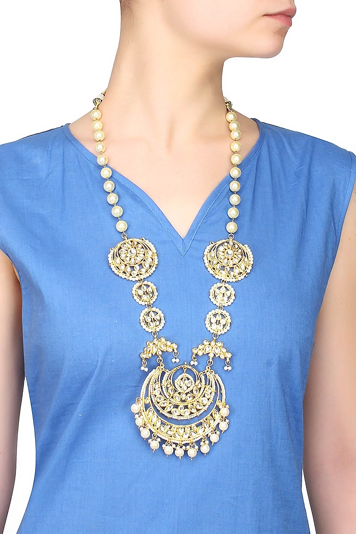 Kundan studded chandbali pearl string necklace by Just Shraddha