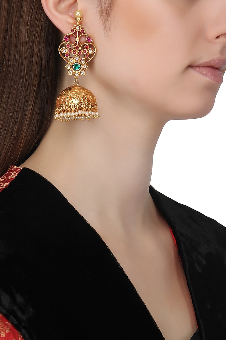 Gold Finish Semi Precious Stone Jhumki Earrings by Just Shraddha