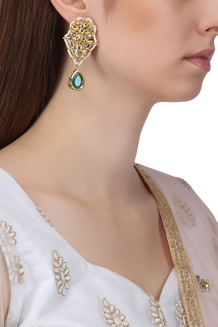 Gold Finish Emerald Stone and Pearls Earrings by Just Shraddha