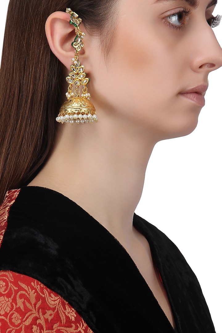 Gold Finish Kundan and Pearls Earrings by Just Shraddha