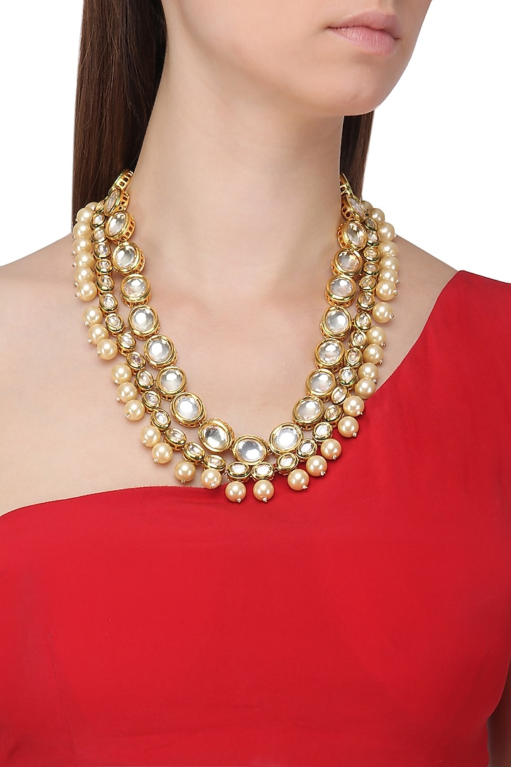 Gold Finish Polki Stone and Pearls Necklace by Just Shraddha