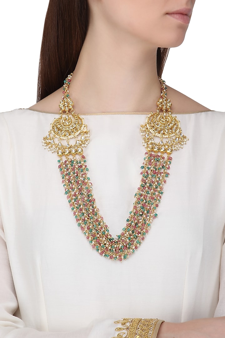 Gold Finish Kundan and Multi-Colour Beads Necklace by Just Shraddha