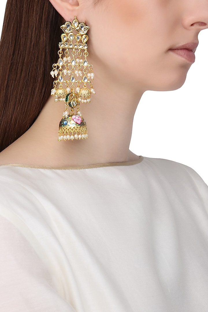 Gold Finish Kundan and Meenakari Earrings by Just Shraddha