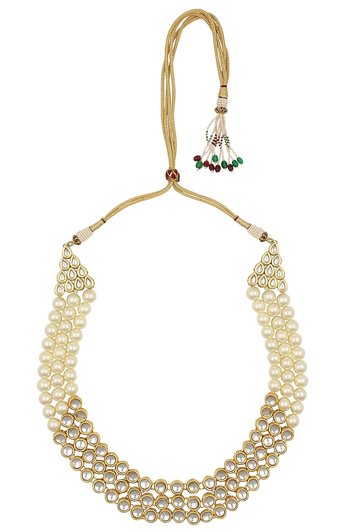 Just Shraddha presents gold finish kundan and pearl three string necklace available only at Pernia's Pop Up Shop.