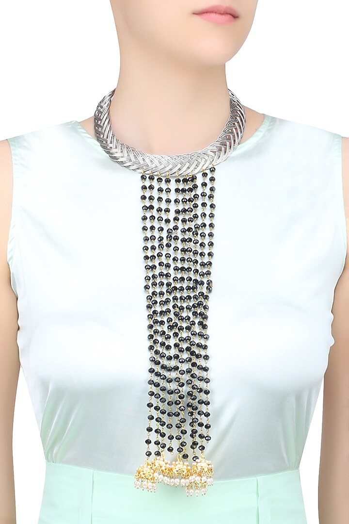 Silver Finish Black Chunky Beads Tassel Necklace by Just Shraddha