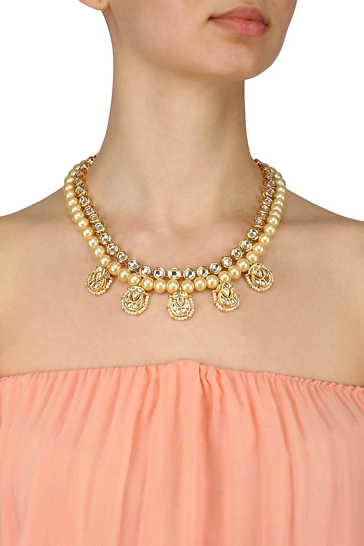 Two Liner Kundan and Pearls Studded Necklace by Just Shraddha