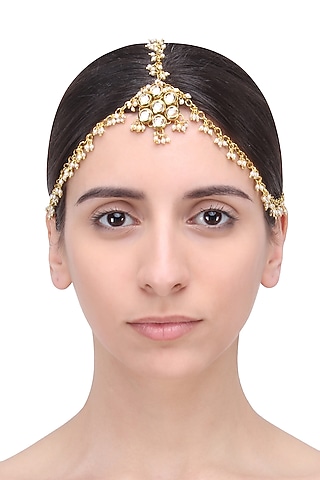 Gold Finish Three String Pearl Matha Patti by Just Shraddha