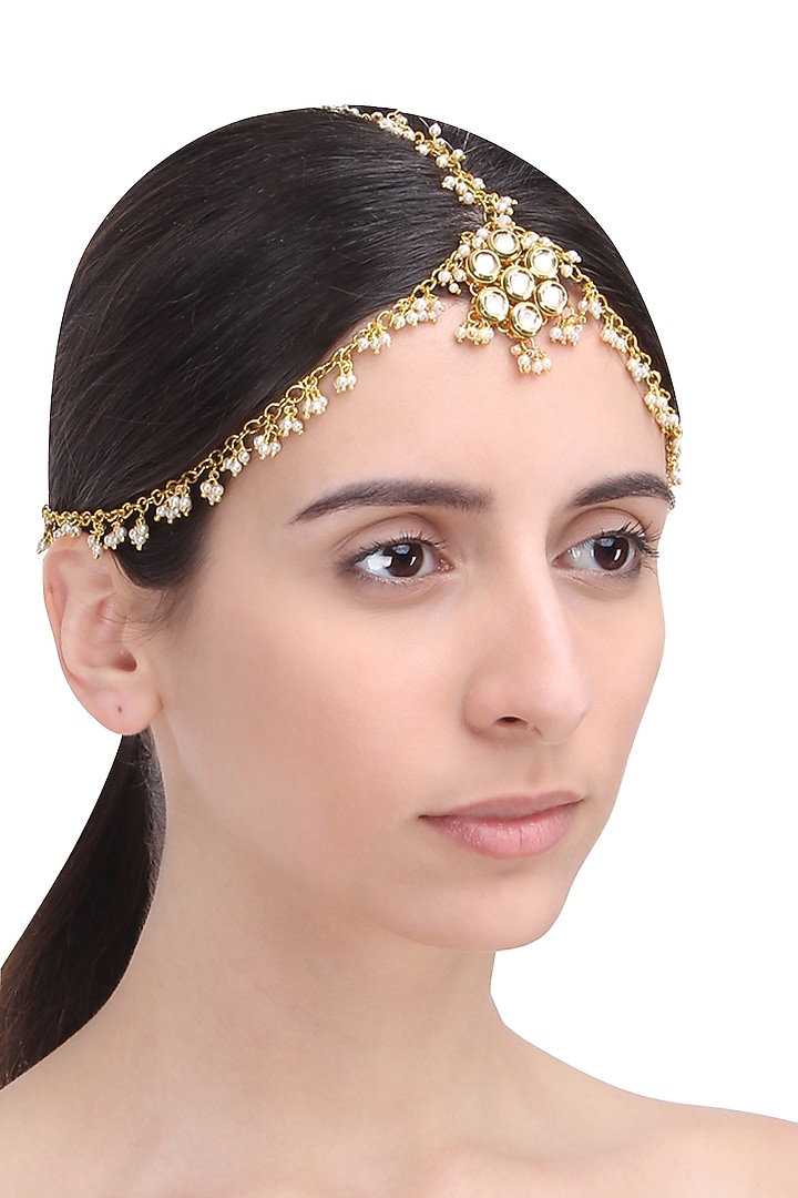 Just Shraddha presents Gold finish three string pearl matha patti available only at Pernia's Pop Up Shop.