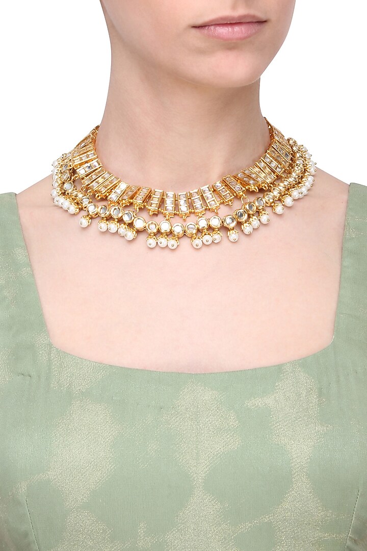 Gold Finish Kundan and Pearl Necklace by Just Shraddha