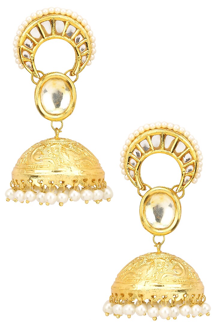 Just Shraddha presents Gold finish kundan stone crescent jhumki earrings available only at Pernia's Pop Up Shop.