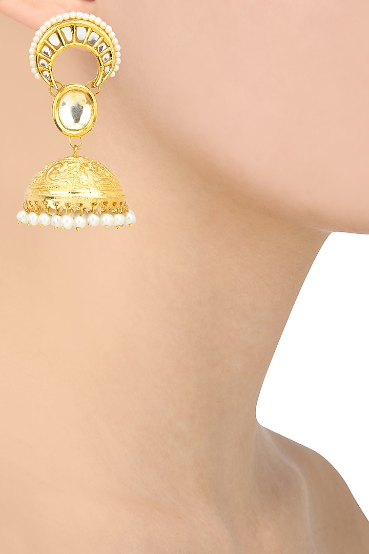 Gold Finish Kundan Stone Crescent Jhumki Earrings by Just Shraddha