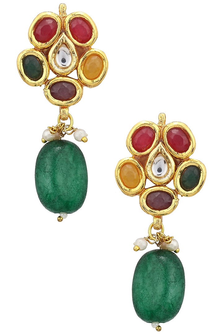 Gold finish kundan and semi precious stone dangler earrings available only at Pernia's Pop Up Shop.