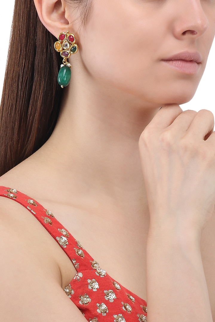 Gold finish kundan and semi precious stone dangler earrings available only at Pernia's Pop Up Shop.