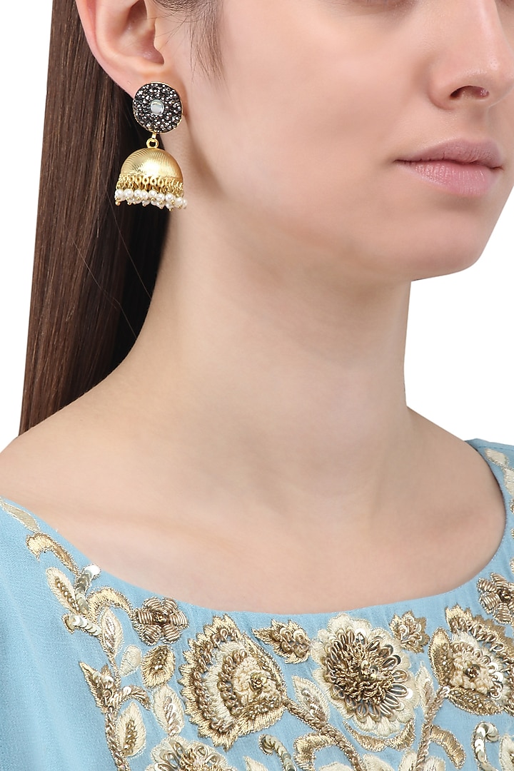 Gold Finish Zircons and Pearls Jhumki Earrings by Just Shraddha