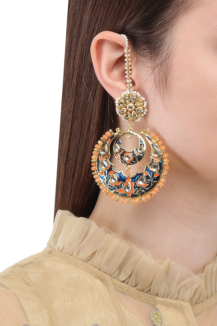 Gold Finish Kundan and Meenakari Chandbali Earrings by Just Shraddha