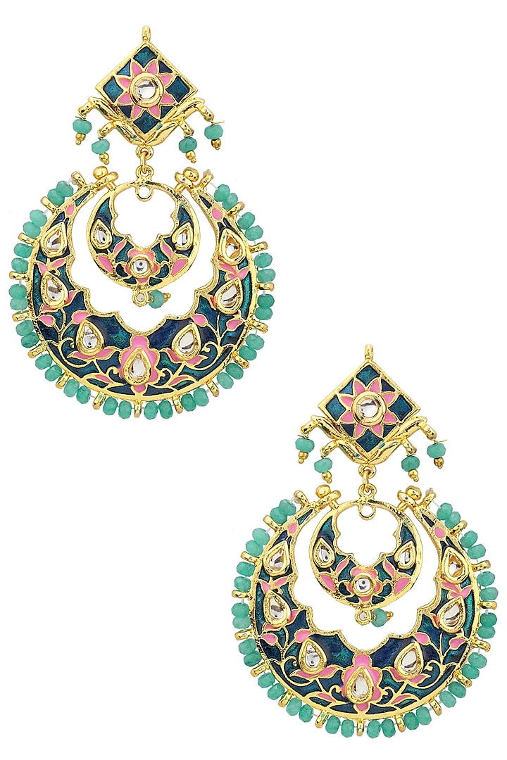 Gold finish meenakari chandbali earrings available only at Pernia's Pop Up Shop.