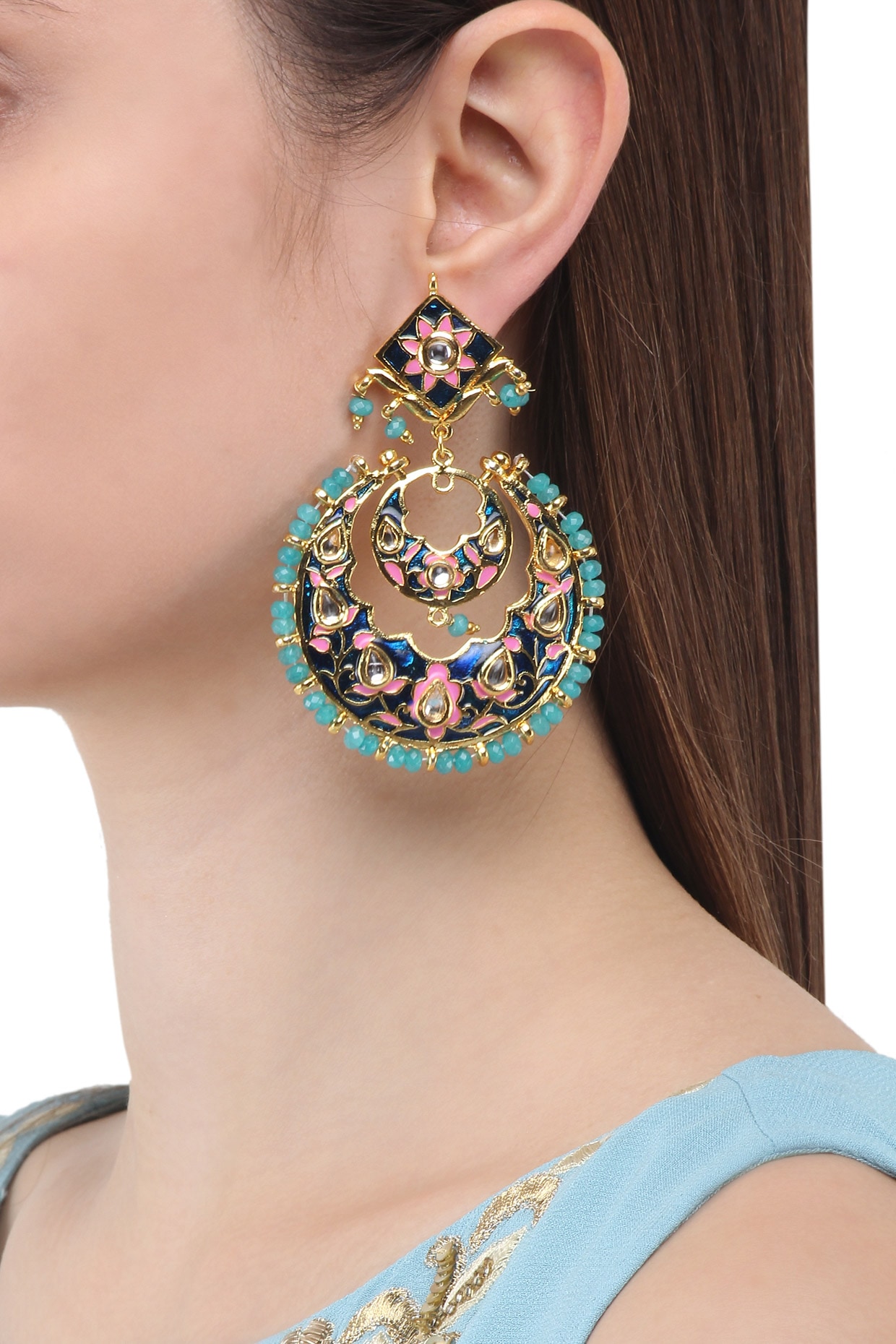 Pankaja Gold Plated Kundan Meenakari Chandbali Earrings – Paisley Pop Shop